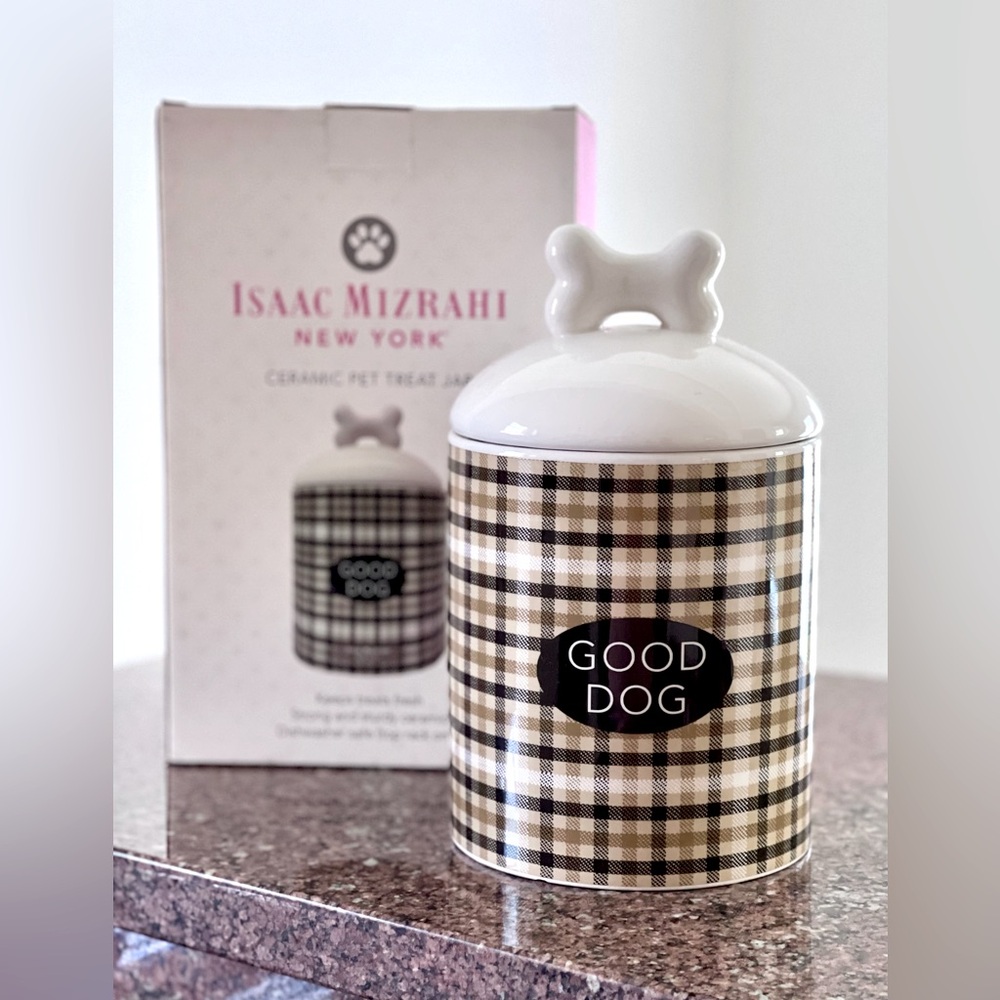 NEW in Box ISAAC MIZRAHI Designer Ceramic Dog Treat Jar